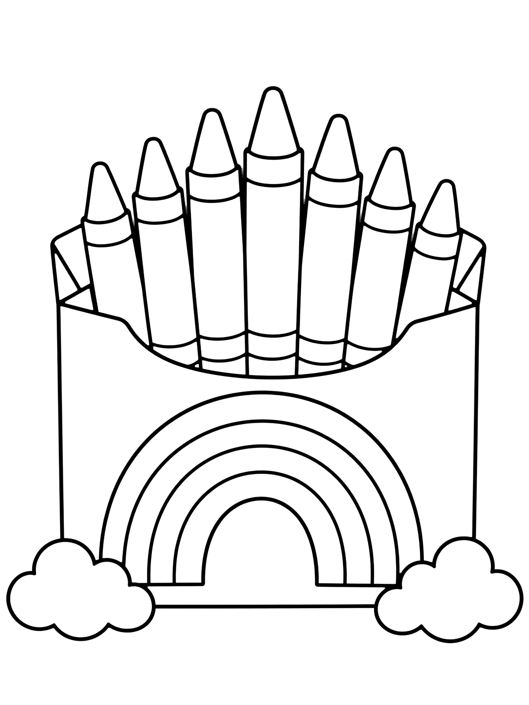 rainbow crayon box coloring page with one large crayon box with seven chunky crayons in a gentle rainbow arc, a rainbow-shaped pocket outline, and two small clouds for kids