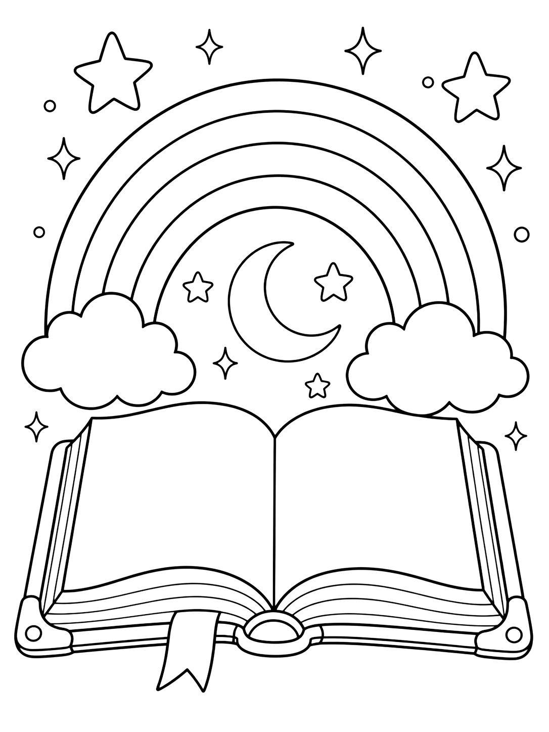Картинка за оцветяване с книга за заклинания и дъга