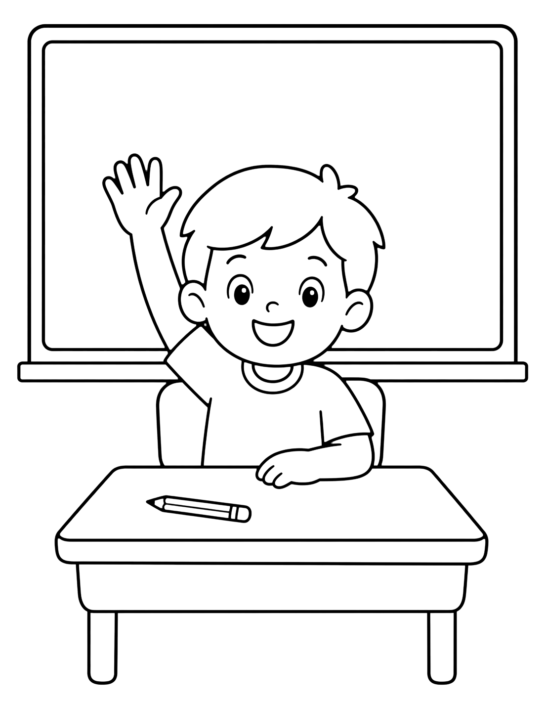 raise your hand classroom rule coloring page with one smiling child sitting at a simple desk and raising a hand beside a blank classroom board for kids