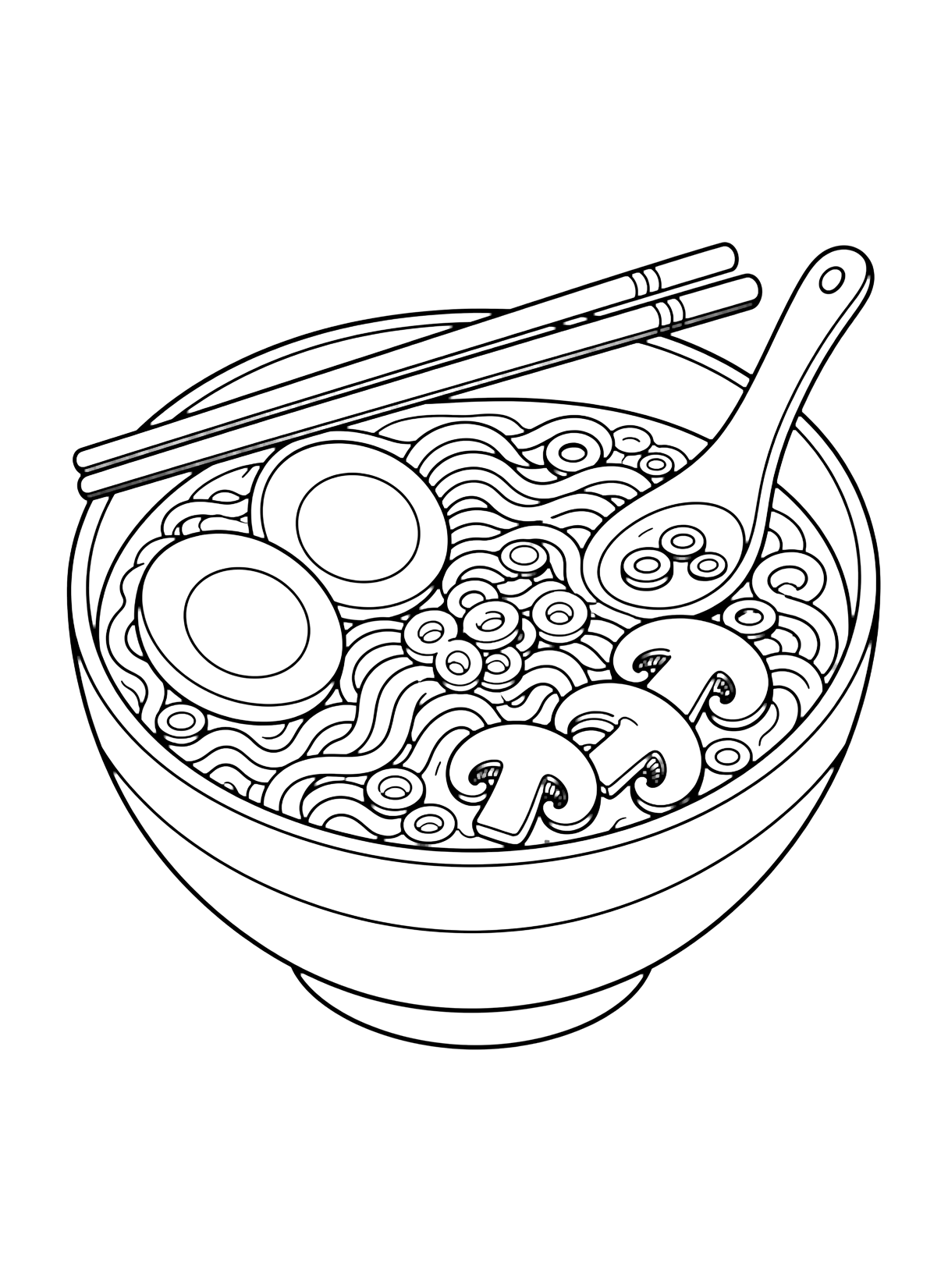 Página de sopa para colorear con un cuenco de ramen con fideos largos, mitades de huevo, láminas de champiñón, cebollino, cuchara de sopa, palillos y vapor. Ideal para niños, imprimir y colorear online.