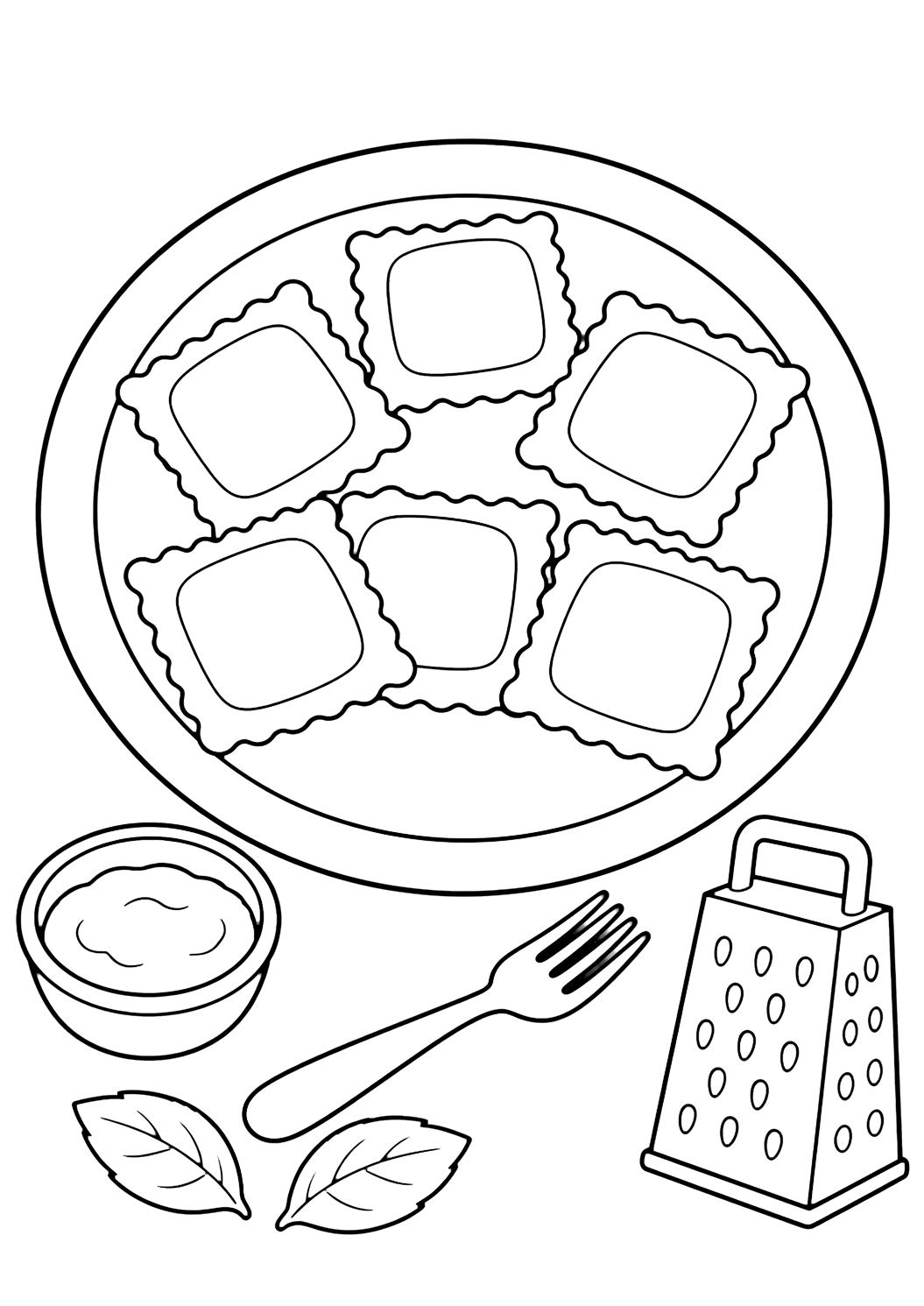 Dibujo de comida para colorear con un plato redondo con seis raviolis cuadrados grandes, un cuenco pequeño de salsa, un tenedor sencillo, un rallador de queso pequeño y dos hojas de albahaca. Ideal para niños, impresión y coloreado online.