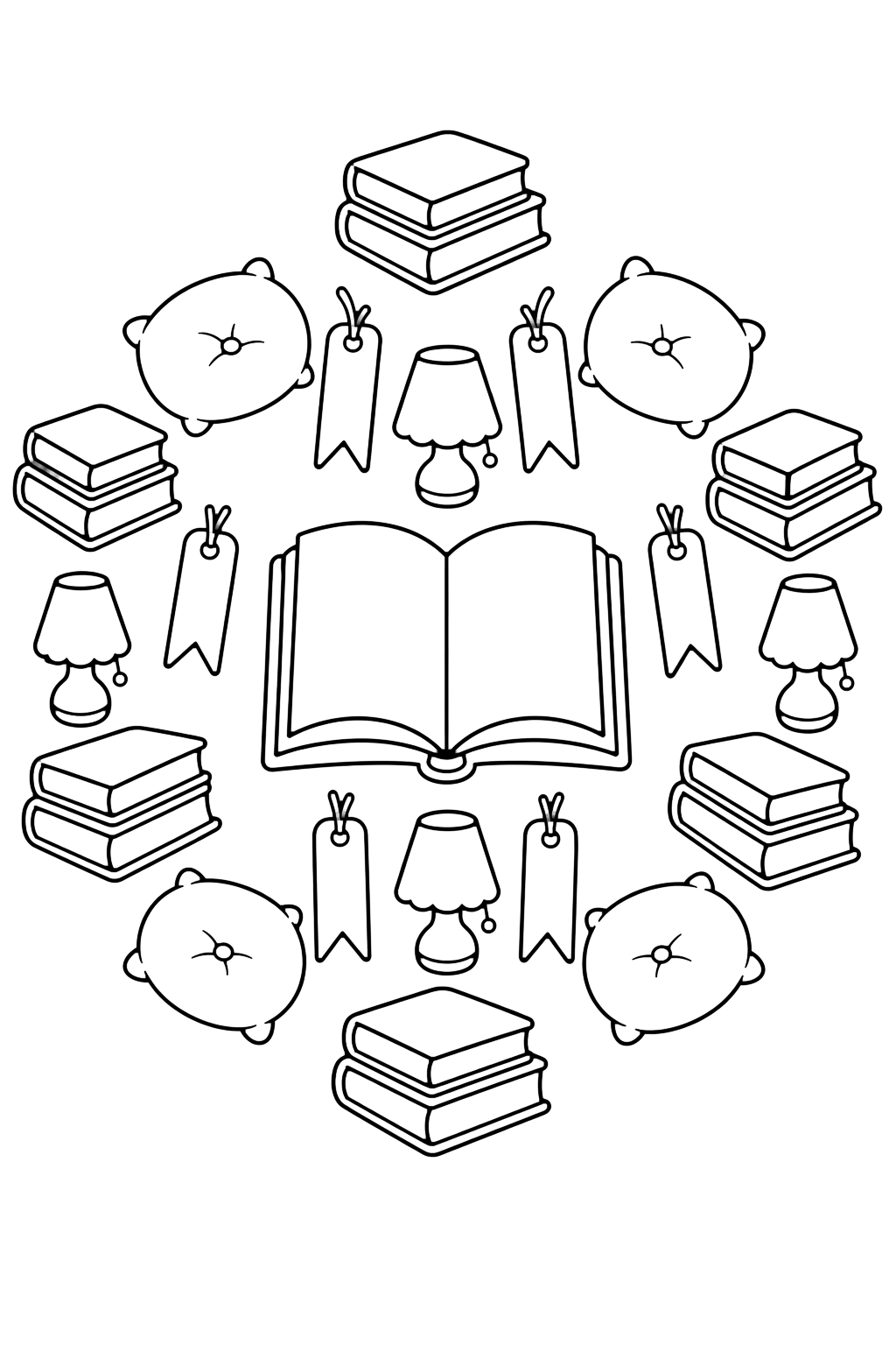 Coloriage avec un mandala circulaire simple avec livre ouvert vide, coussins arrondis, petites lampes, marque-pages vides et piles de livres. Idéal pour enfants, rentrée scolaire, impression et coloriage en ligne.