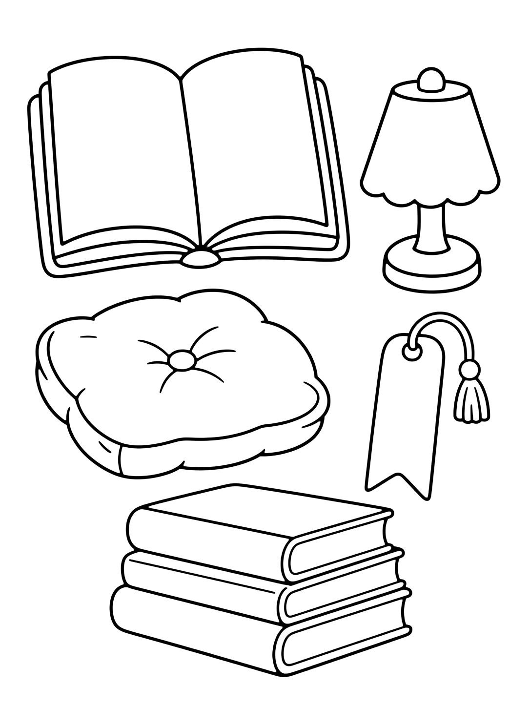 Coloriage avec une composition doodle avec livre ouvert vide, coussin, petite lampe, marque-page vide et petite pile de livres. Idéal pour enfants, rentrée scolaire, impression et coloriage en ligne.