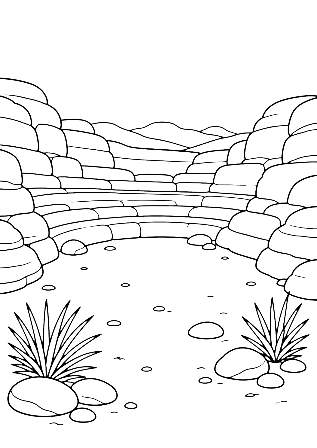 Ausmalbild einer roten Felswüste mit ein natürliches rotes Felsamphitheater als breiter Halbkreis aus runden Sandsteinwänden, mit einfachen Schichten, offenem Sandboden, glatten Steinen, kleinen Yuccas und offenem Himmel. Geeignet für Kinder, Naturthemen, Ausdrucke und Online-Ausmalen.