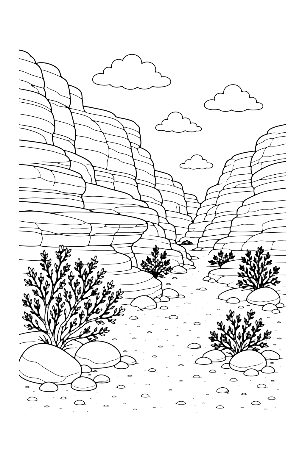 Arbustes du désert dans un canyon rouge à colorier