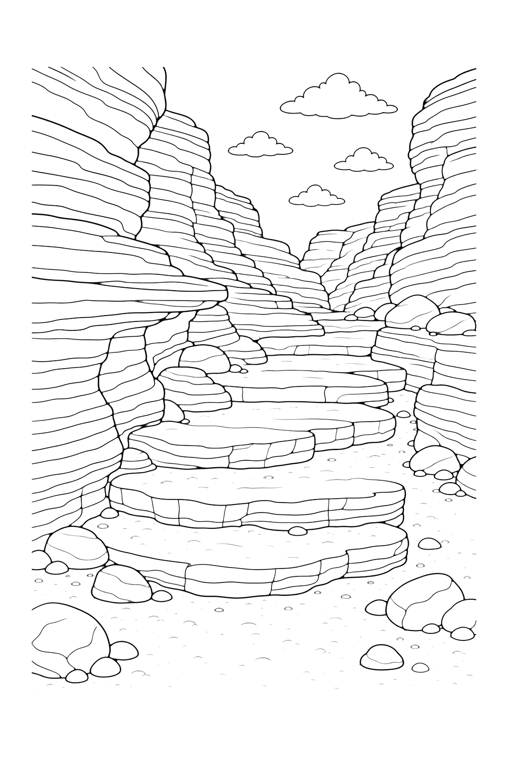 red rock canyon layered steps coloring page with natural layered rock steps descending through a red rock canyon with broad ledges, small stones, a dry sandy floor, and open sky for kids