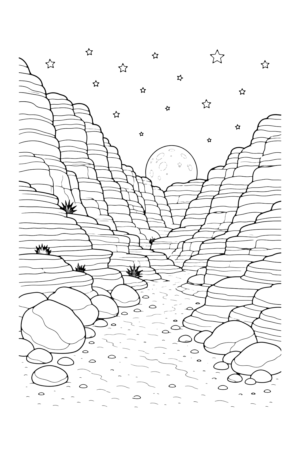 red rock canyon moonrise coloring page with a moon rising above red rock canyon walls with layered ledges, a sandy wash, rounded boulders, a few stars, and broad night sky for kids