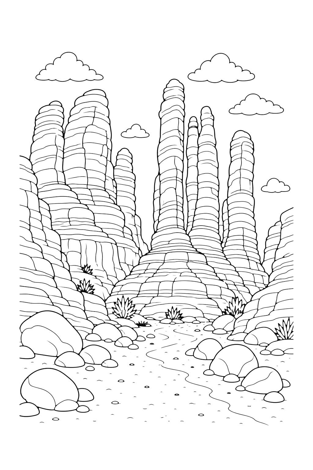red rock canyon stone towers coloring page with tall red rock stone towers rising from a canyon floor with layered bases, rounded boulders, a sandy wash, and open sky for kids