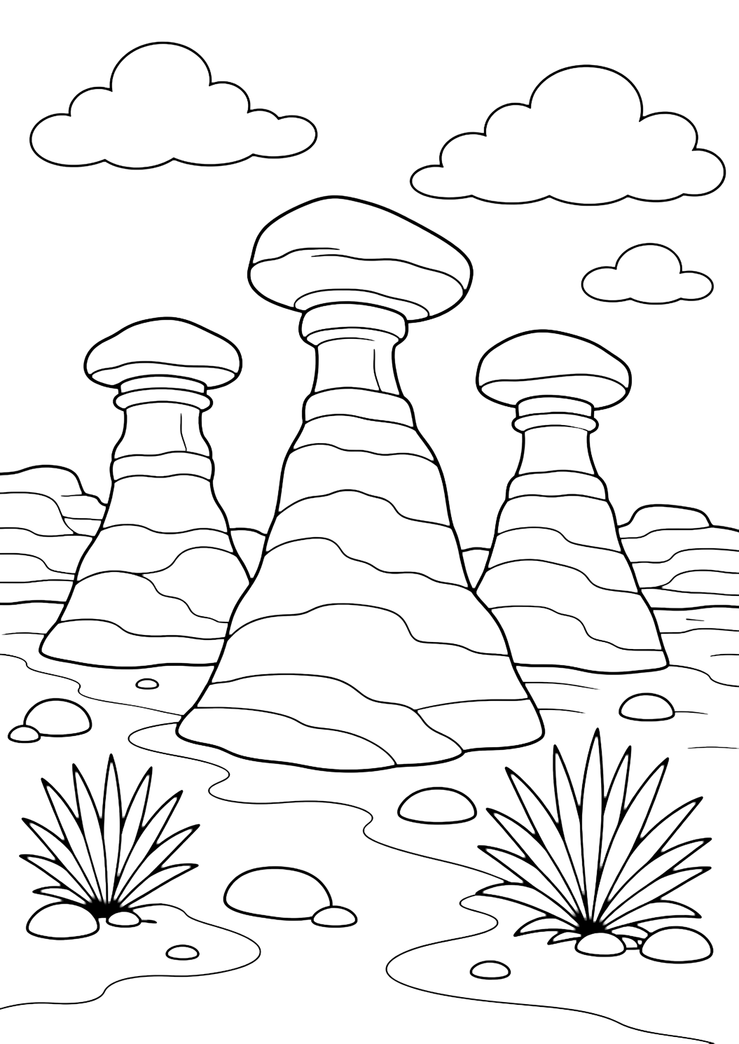 red rock hoodoos coloring page with three rounded red rock hoodoos with cap rocks, broad sandy ground, smooth stones, simple yucca plants, distant low rock bands, and wide open sky for kids