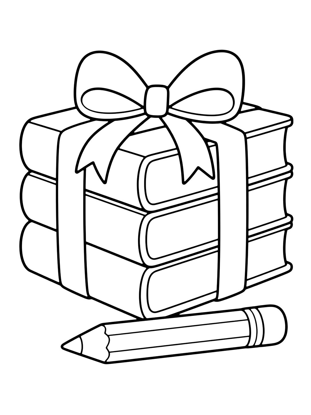 Dibujo para colorear con el motivo «libros escolares atados con cinta» con libros escolares grandes, cubiertas en blanco y detalles escolares sencillos. Ideal para niños, actividades escolares, impresión y coloreado online.