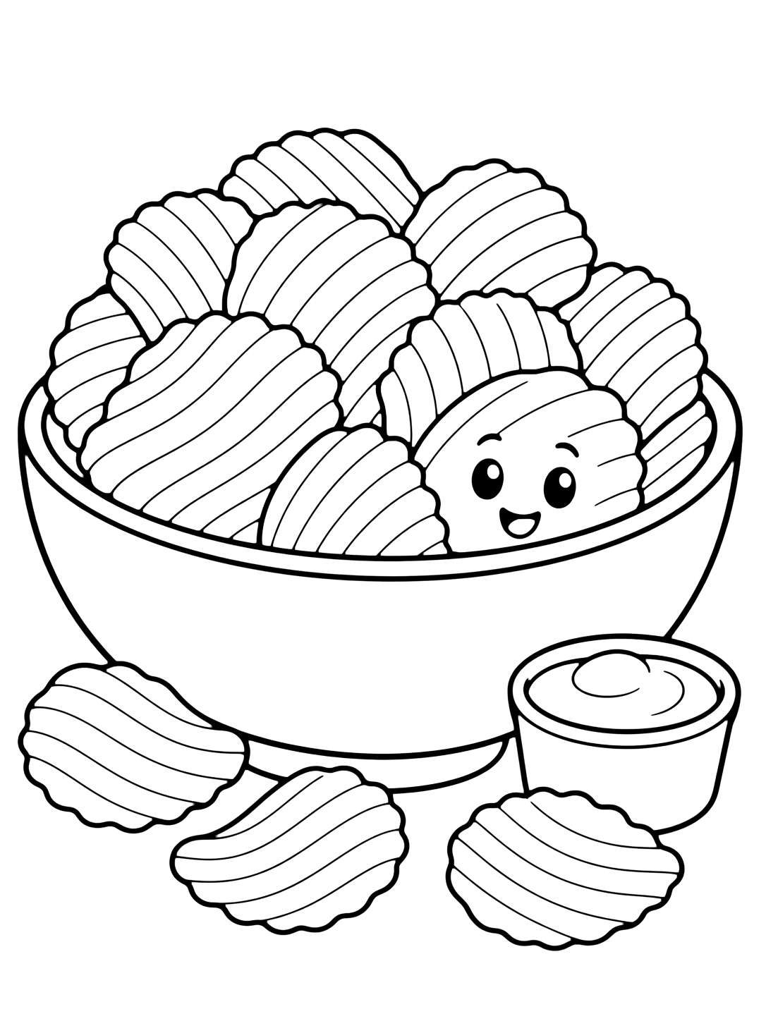 Página de patatas chips para colorear con un cuenco grande lleno de patatas chips onduladas, chips sueltas, un vasito de salsa y una chip sonriente. Ideal para niños, impresión y coloreado online.