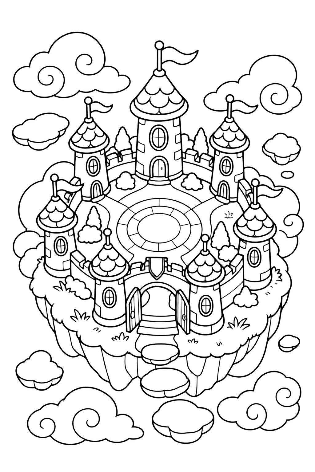 ring island fantasy castle coloring page with clean fantasy castle line art for kids