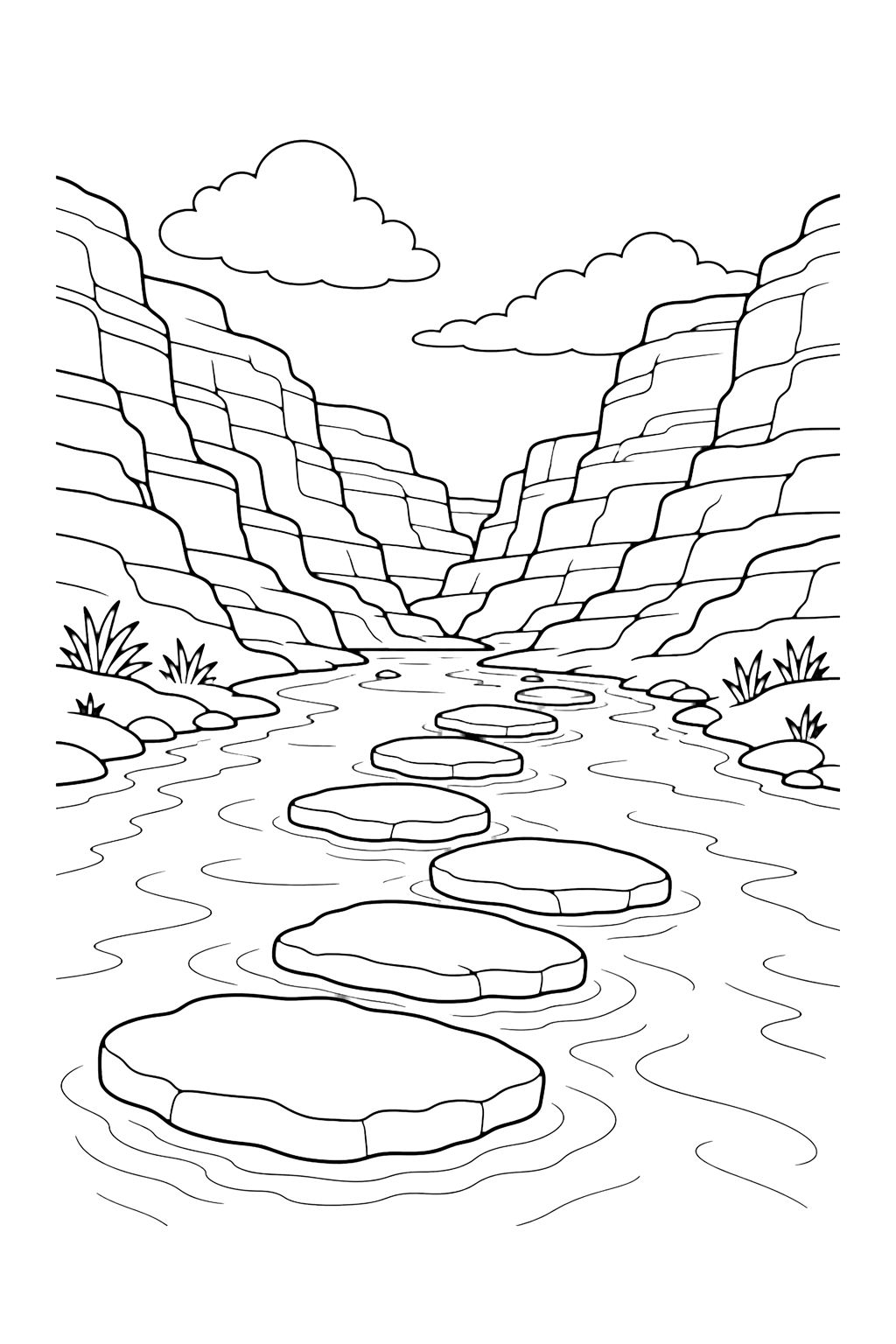 Gué peu profond dans un canyon fluvial à colorier