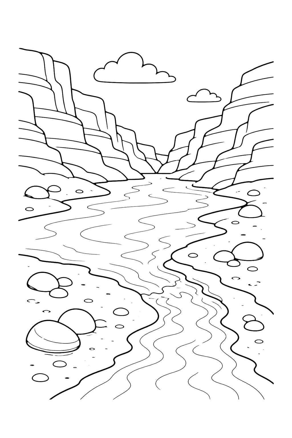 river canyon side stream coloring page with a small side stream joining a larger river in a canyon with layered walls, smooth stones, sandy banks, and open sky for kids