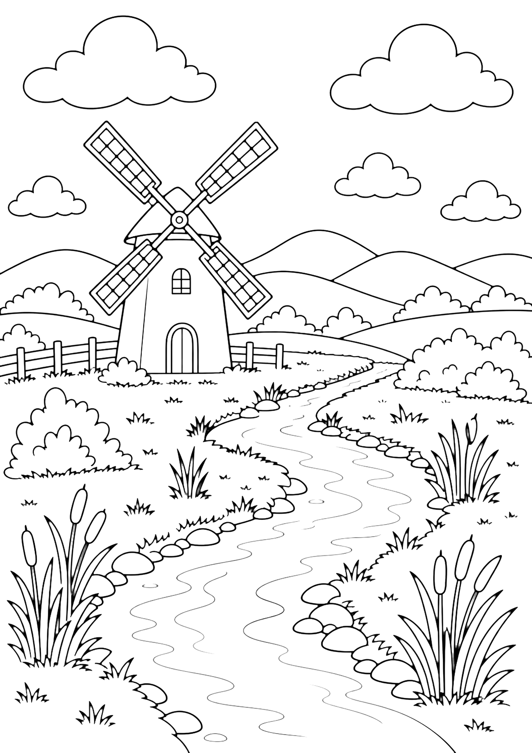 Ausmalbild mit einer Windmühle und eine Windmühle nahe einem schmalen Fluss, der durch die Landschaft fließt, kleines Schilf, glatte Steine, grasige Ufer, niedrige runde Hügel, große Wolken und weiter Himmel. Geeignet für Kinder, Landschaften, Ausdrucke und Online-Ausmalen.