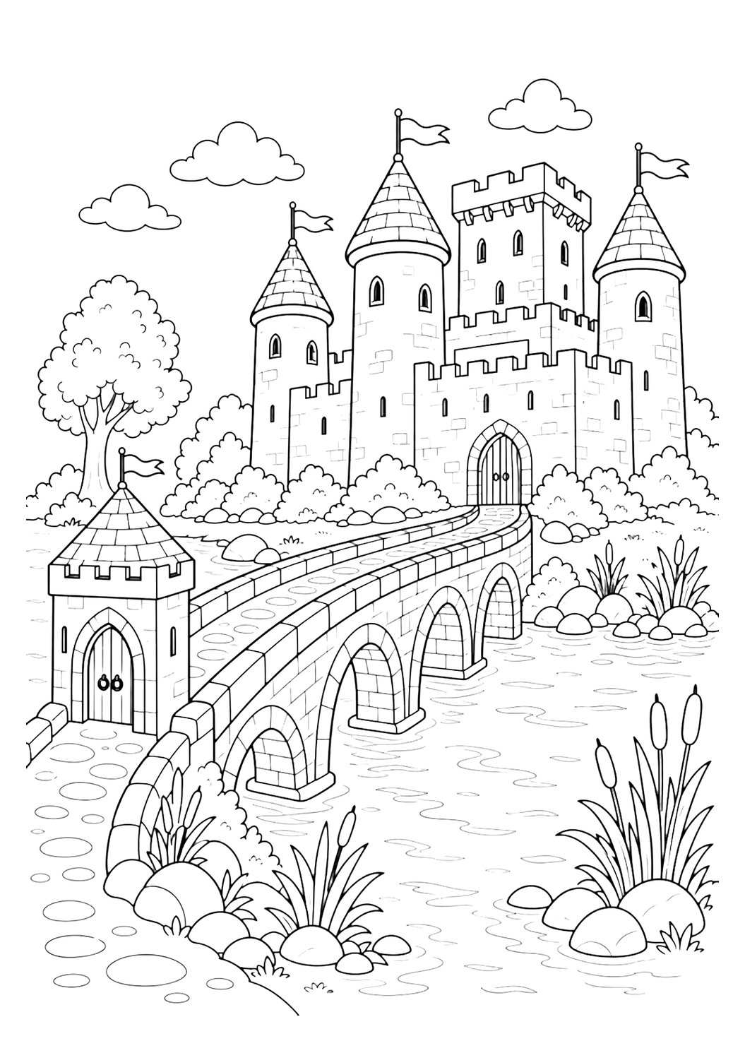 riverside bridge medieval castle coloring page with clean medieval castle line art for kids