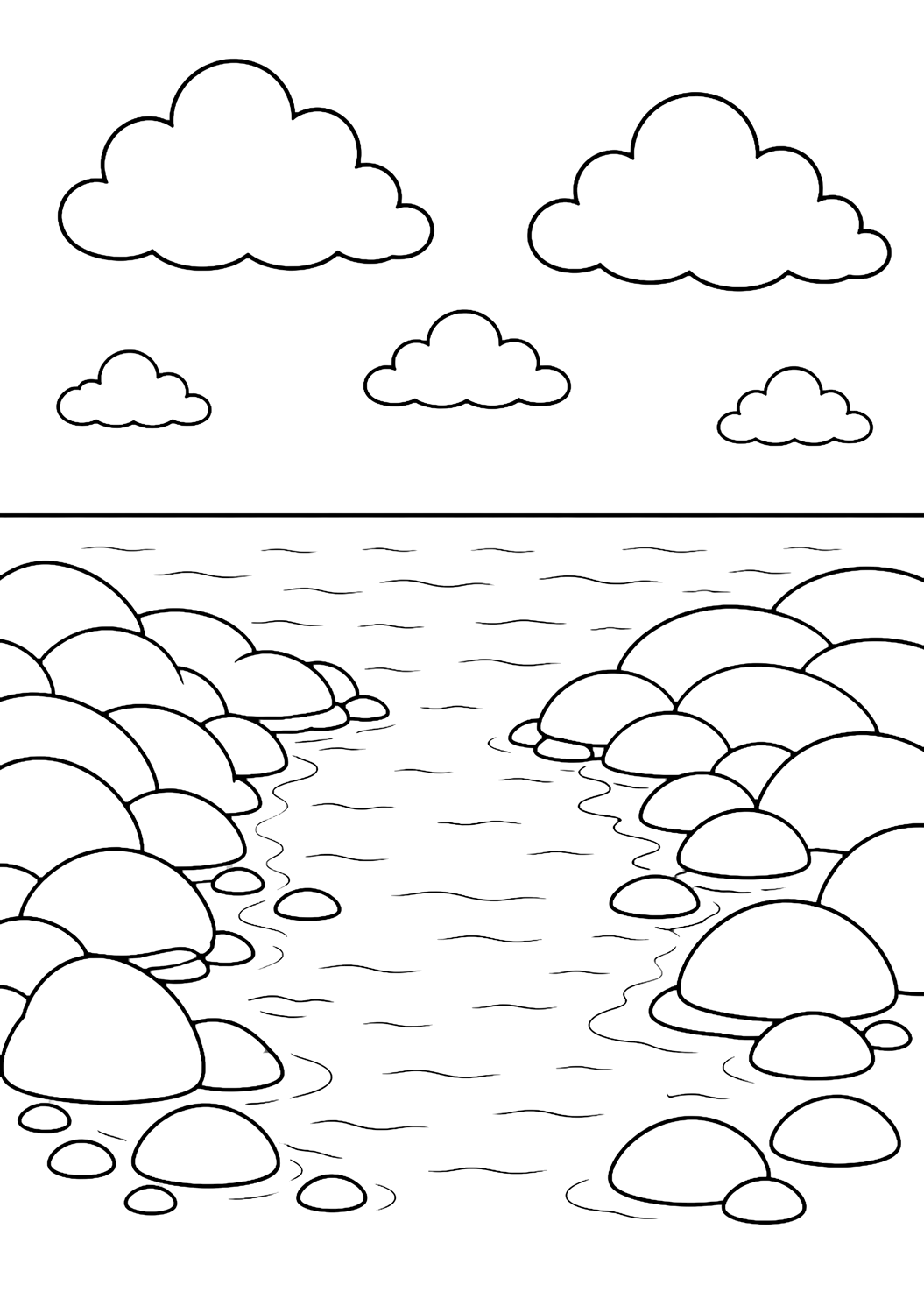 Disegno di costa rocciosa da colorare con una striscia stretta di acqua marina calma tra due bassi bordi rocciosi, con pietre arrotondate, semplici increspature, grandi nuvole e cielo aperto. Adatto a bambini, temi del mare, stampa e colorazione online.
