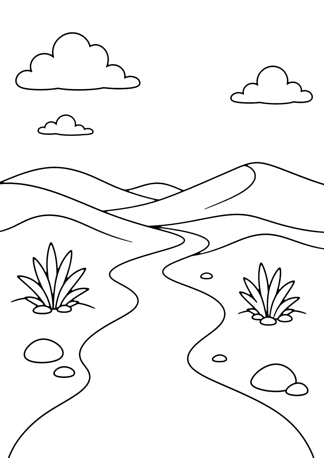 Ausmalbild mit einem Wüstenpfad und ein geschwungener Sanddünenpfad, der vom Vordergrund in sanfte Dünen führt, mit glatten Steinen, zwei kleinen Wüstensträuchern, einfachen Dünenlinien und weitem Himmel. Geeignet für Kinder, Naturthemen, Ausdrucke und Online-Ausmalen.