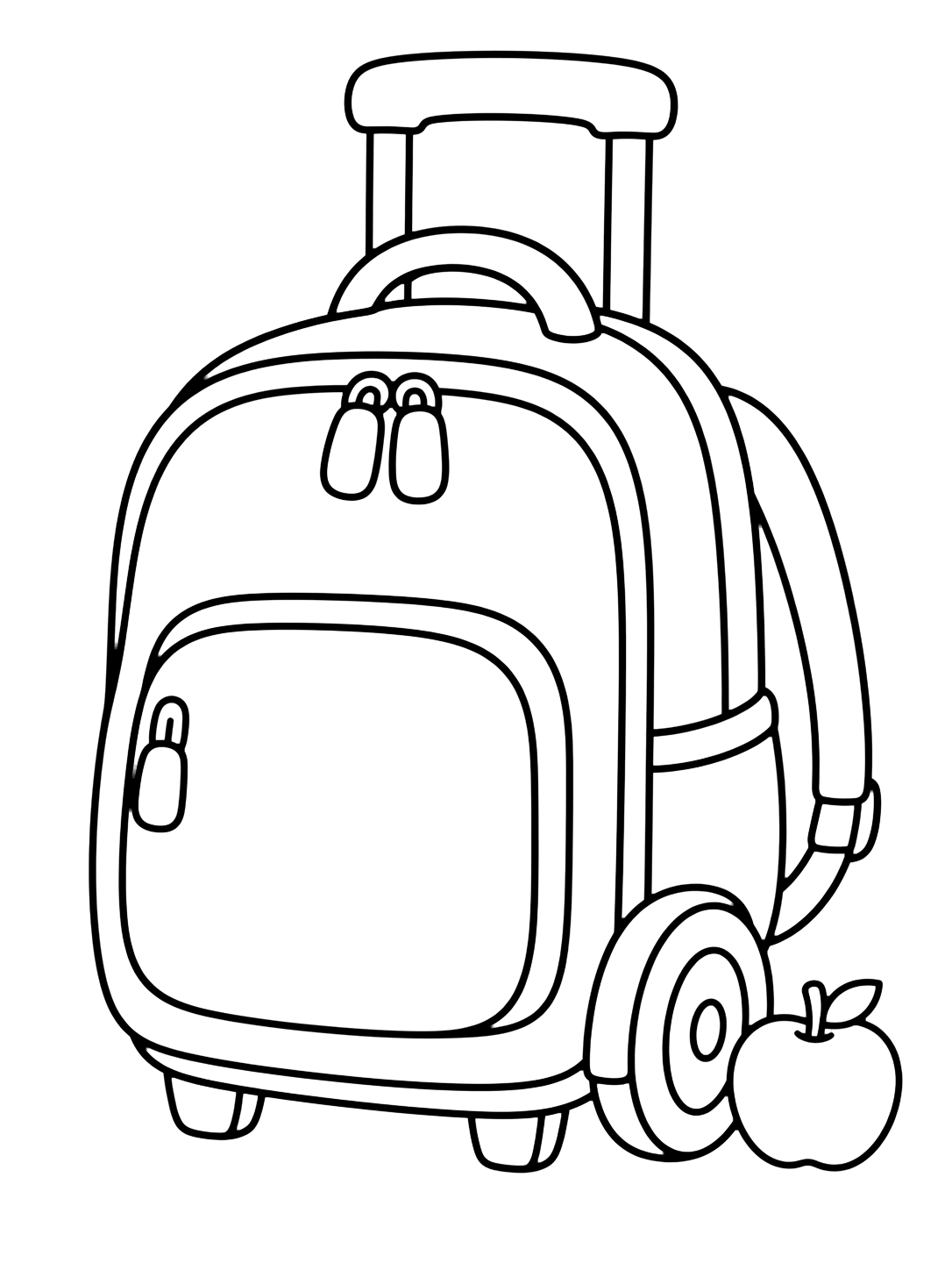 rolling school bag coloring page with one large school backpack with two big wheels, a simple pull handle, a front pocket, zipper pulls, and a small apple beside the wheel for kids