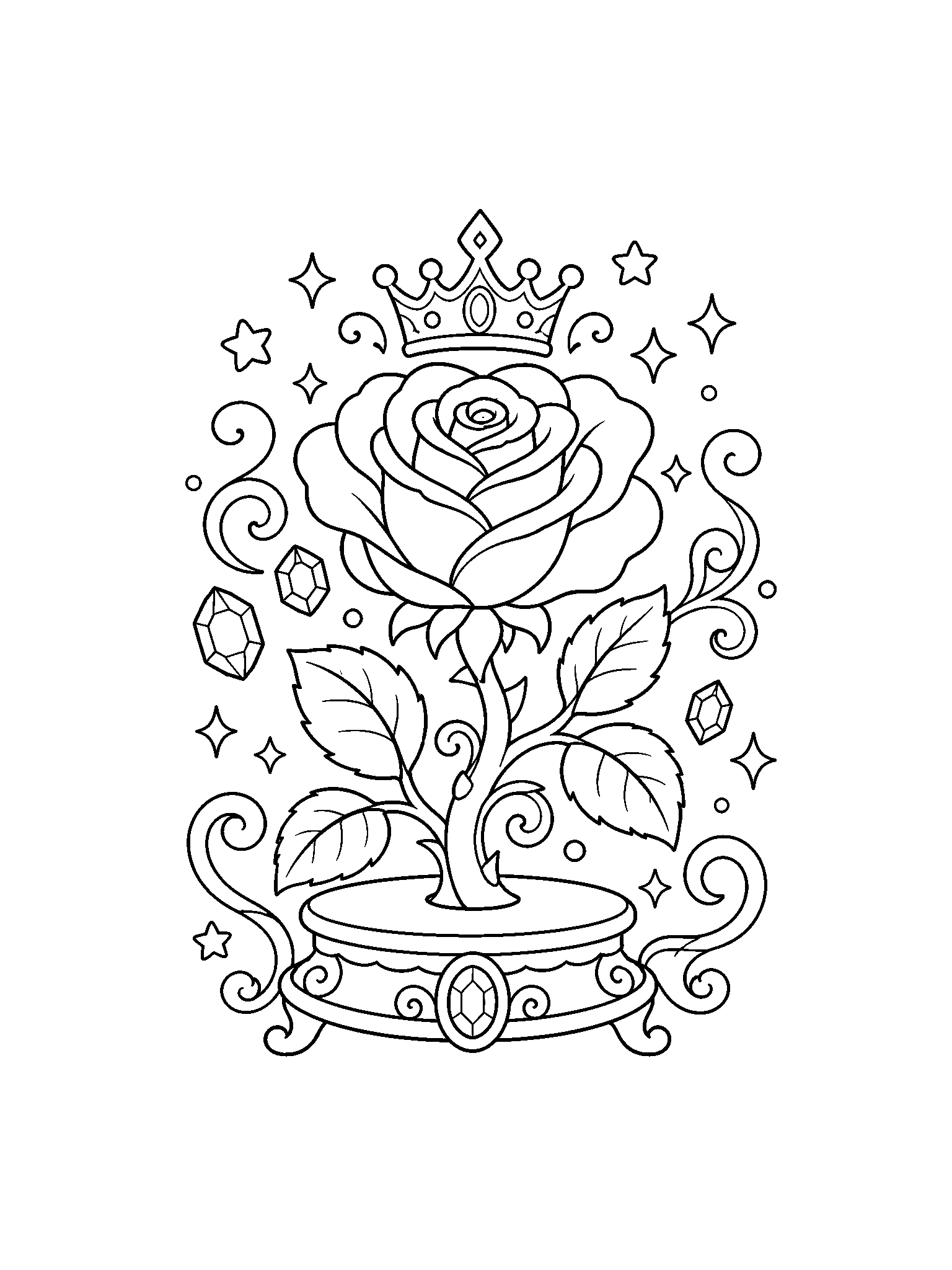 royal enchanted rose coloring page with clean enchanted rose line art for kids