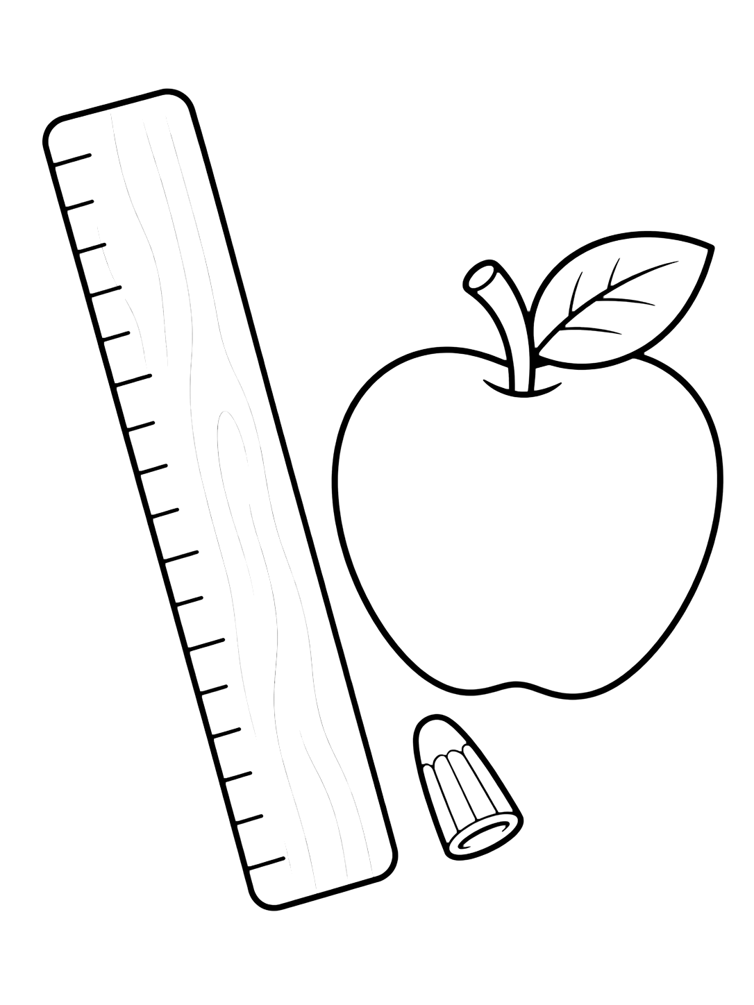 Dibujo para colorear con el motivo «regla y manzana» con una regla escolar grande, formas sencillas y mucho espacio libre. Ideal para niños, actividades escolares, impresión y coloreado online.