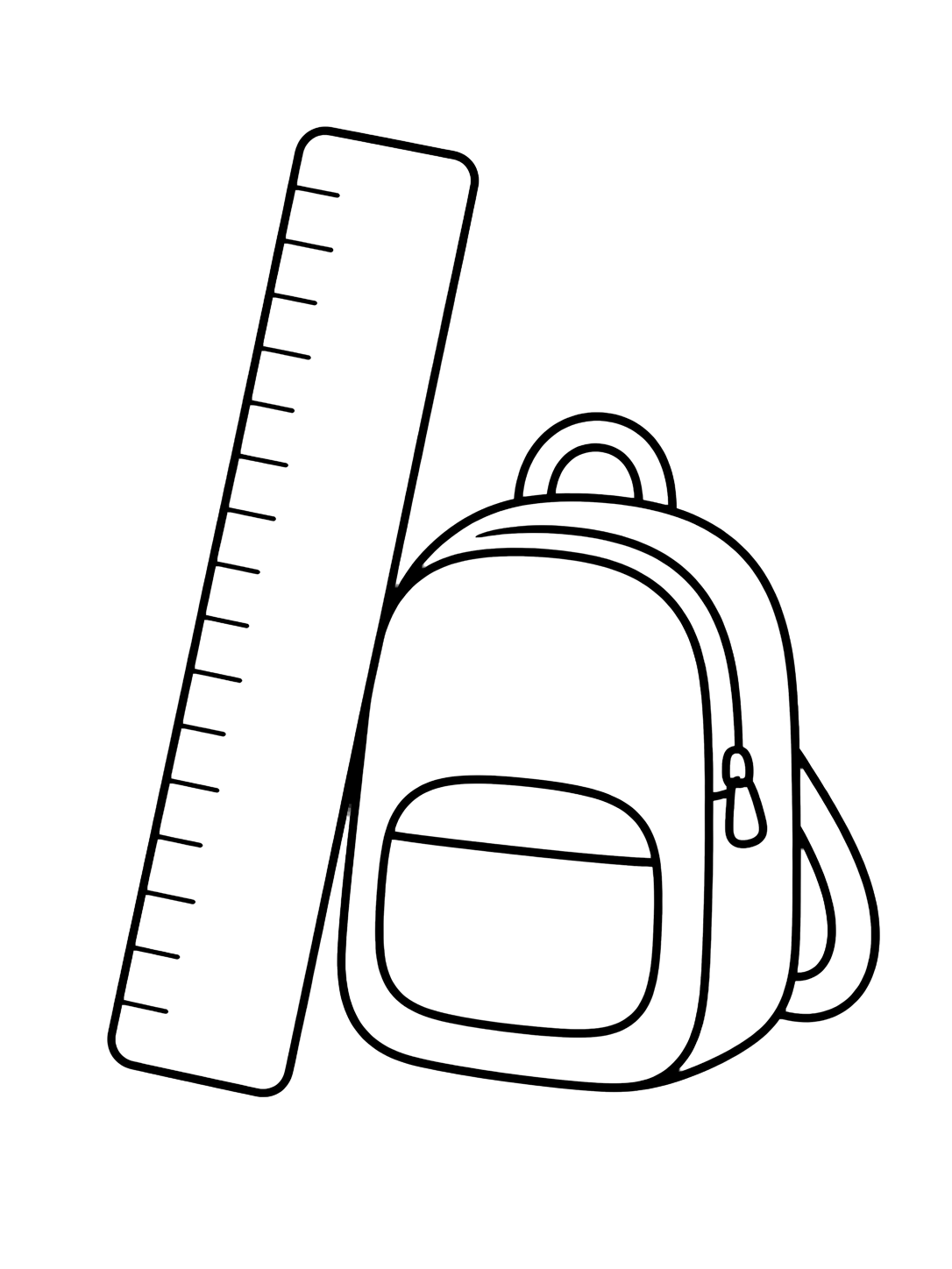 Coloriage avec le motif « règle et sac à dos » avec une grande règle scolaire, des formes simples et beaucoup d'espace. Idéal pour enfants, rentrée scolaire, impression et coloriage en ligne.