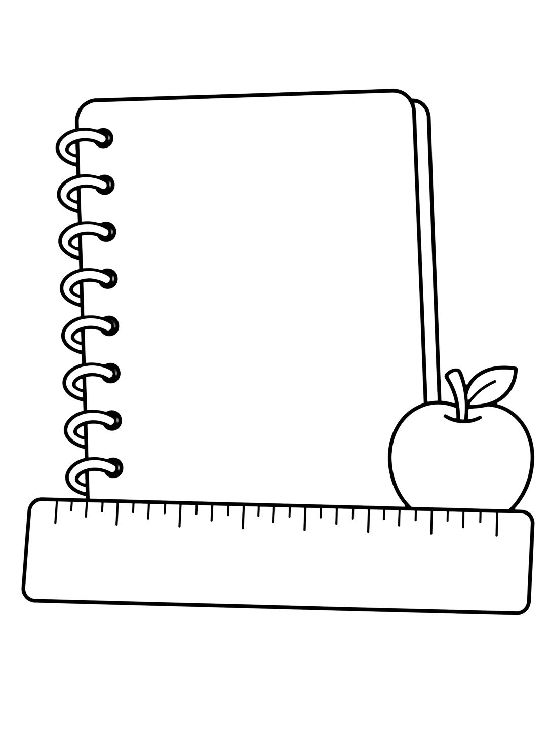 Dibujo para colorear con el motivo «regla y cuaderno» con una regla escolar grande, formas sencillas y mucho espacio libre. Ideal para niños, actividades escolares, impresión y coloreado online.