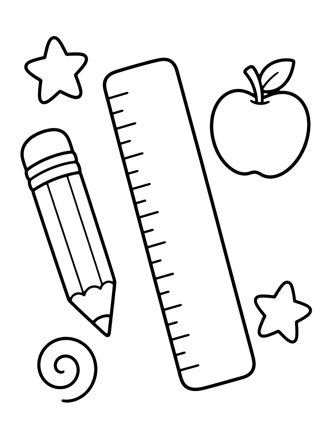 Coloriage avec le motif « règle en style doodle » avec une grande règle et quelques grands éléments scolaires doodle. Idéal pour enfants, rentrée scolaire, impression et coloriage en ligne.