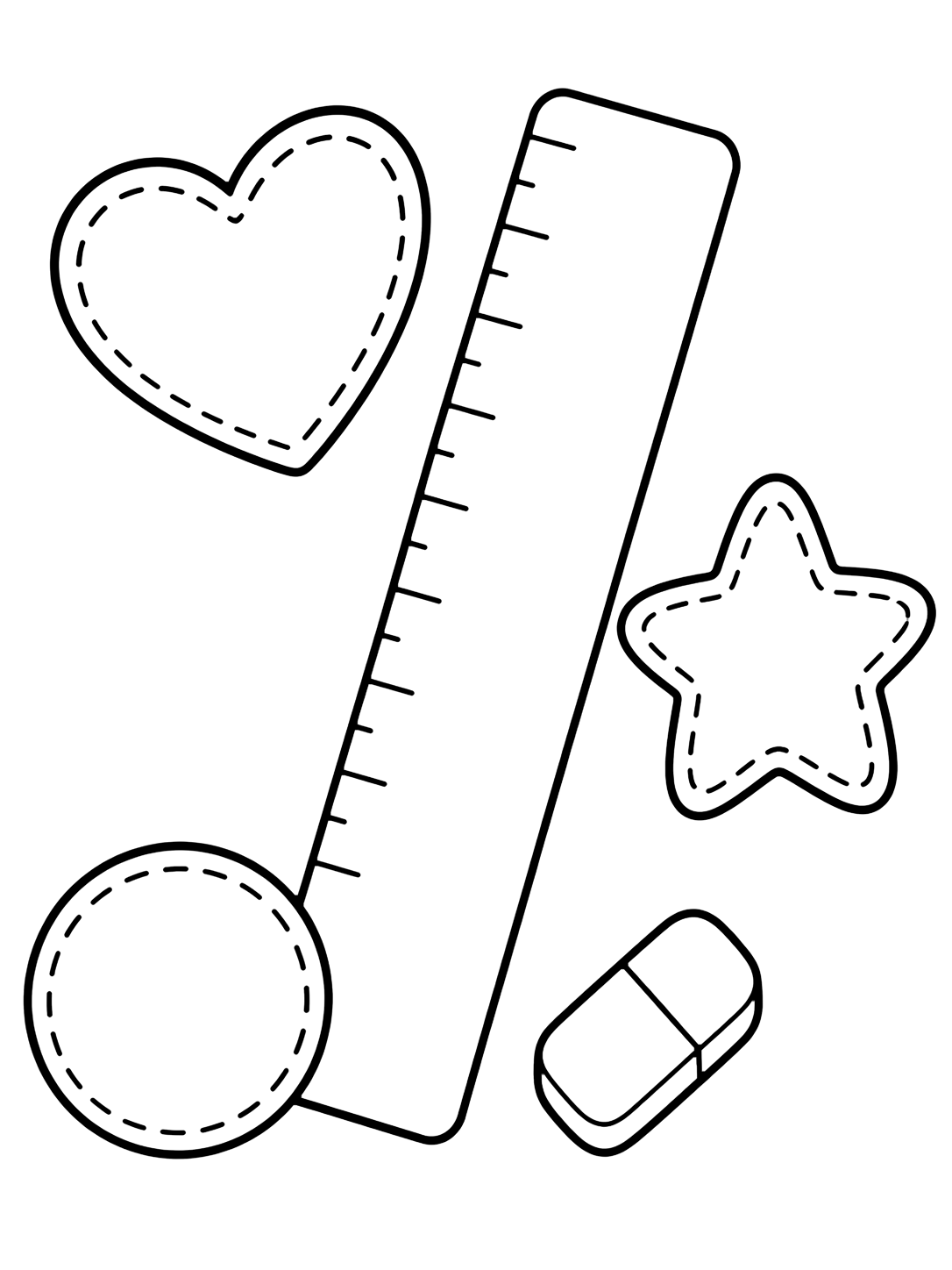 Disegno da colorare con il motivo "righello con patch doodle" con un grande righello e pochi grandi elementi scolastici doodle. Adatto a bambini, scuola, stampa e colorazione online.