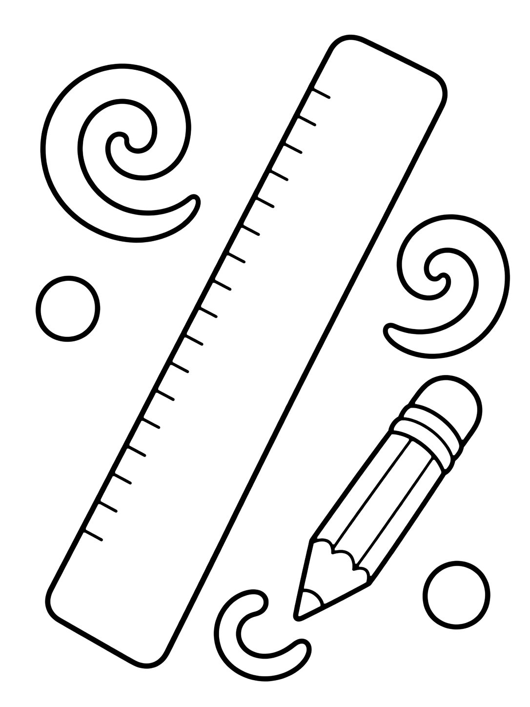 Coloriage avec le motif « règle avec spirales doodle » avec une grande règle et quelques grands éléments scolaires doodle. Idéal pour enfants, rentrée scolaire, impression et coloriage en ligne.