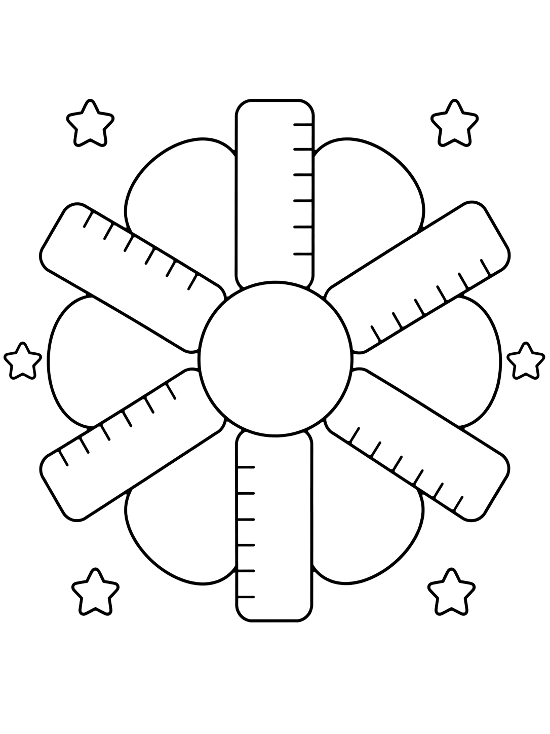 Disegno da colorare con il motivo "mandala floreale con righelli" in un mandala rotondo facile con grandi righelli e spazi ampi. Adatto a bambini, scuola, stampa e colorazione online.