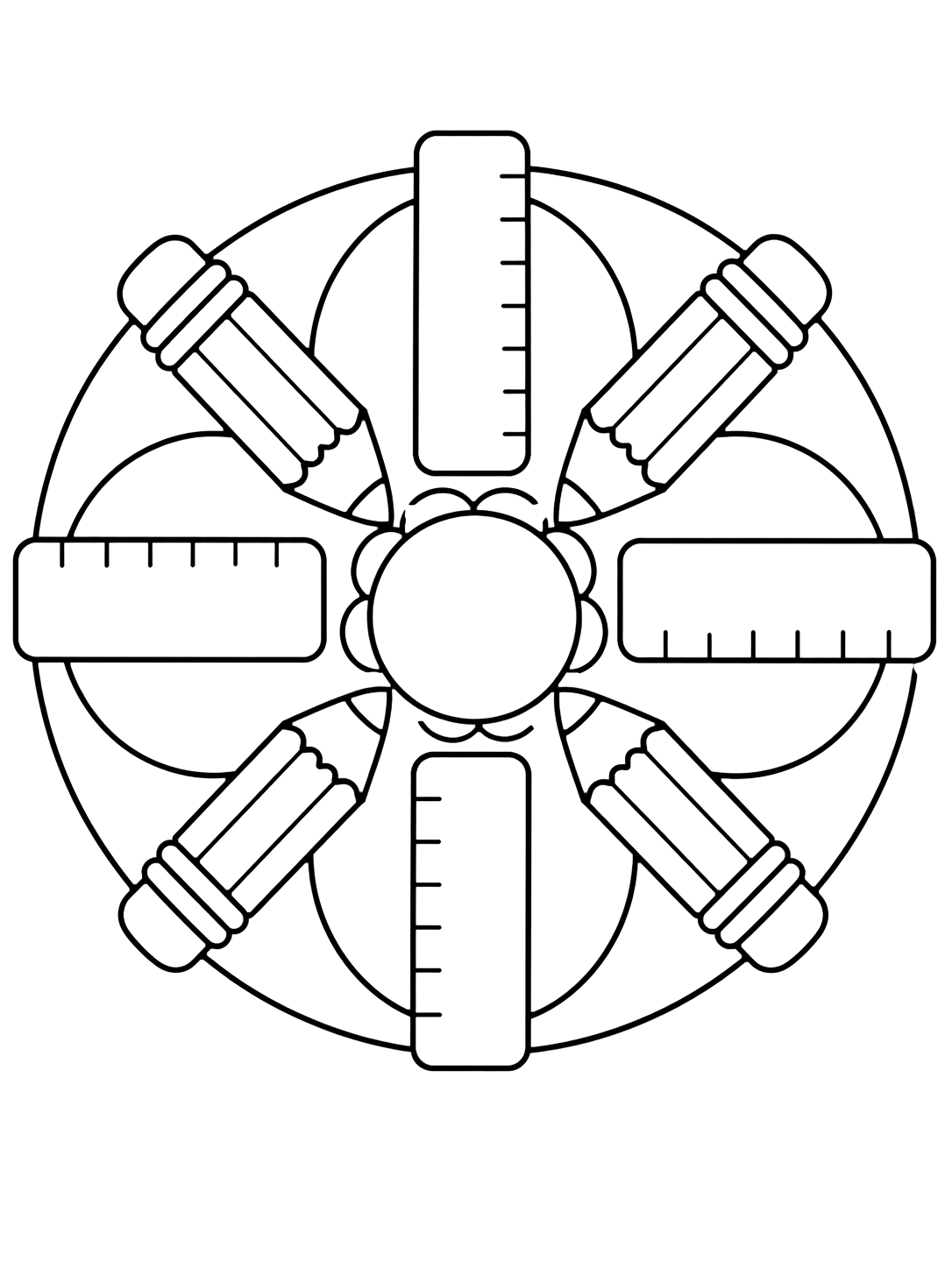 Dibujo para colorear con el motivo «mandala de reglas y lápices» en una mandala circular fácil con reglas grandes y zonas amplias. Ideal para niños, actividades escolares, impresión y coloreado online.