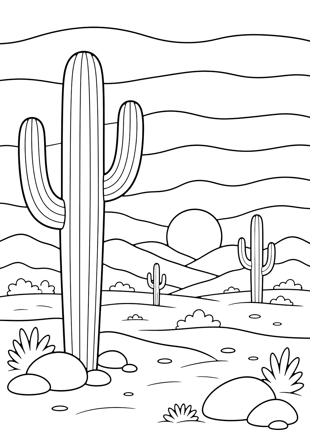 Картинка за оцветяване с пустинен залез: широка долина със сагуаро, един голям прост кактус сагуаро на преден план, два по-малки далечни кактуса, ниско кръгло залязващо слънце между меки пустинни хълмове, широки ивици небе, пясъчна земя и гладки камъни. Подходяща за деца, природни теми, принтиране и онлайн оцветяване.
