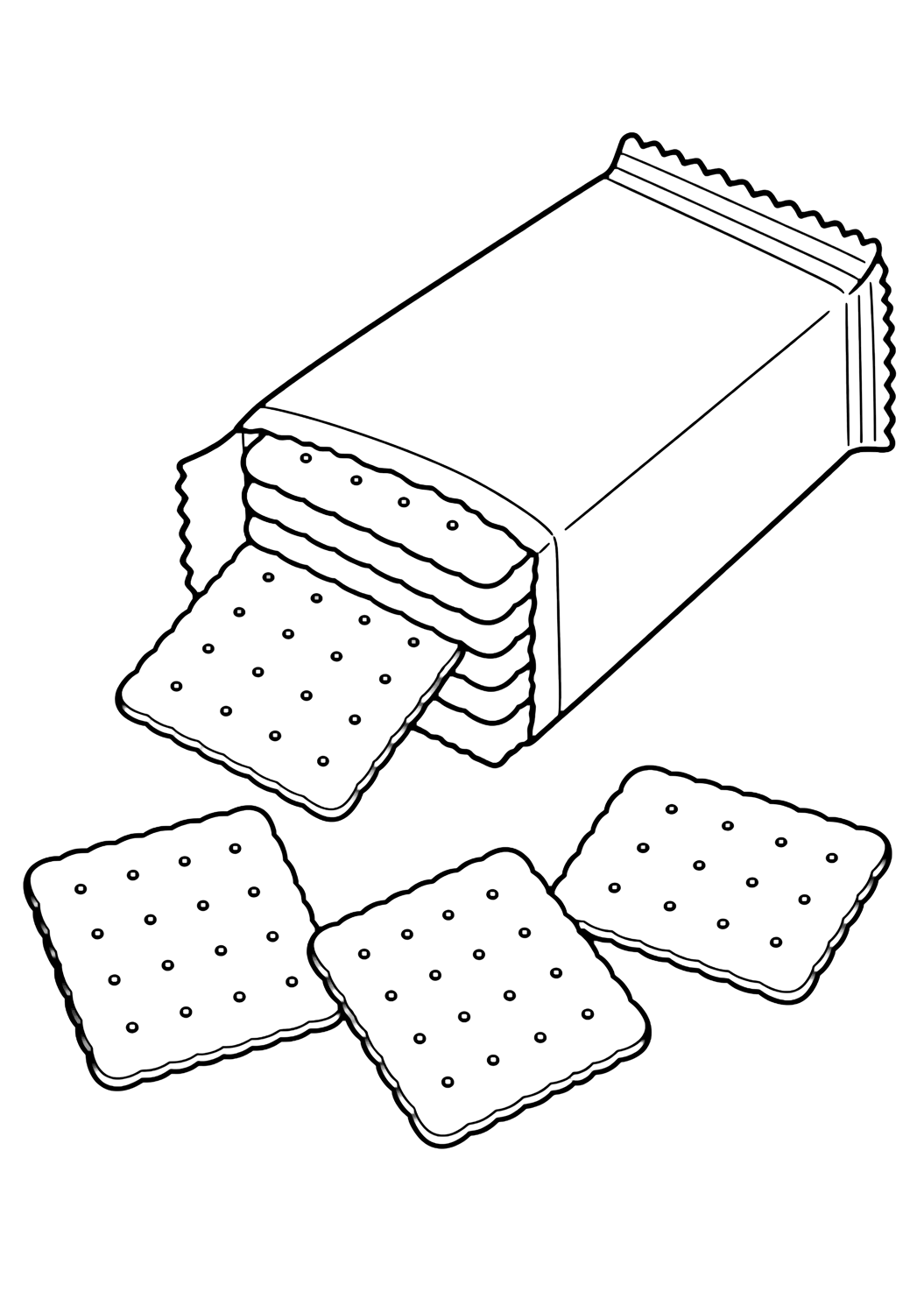 Disegno di snack da colorare con un pacchetto aperto e senza testo di cracker salati rettangolari che scivolano fuori, più tre cracker sciolti vicini. Adatto a bambini, stampa e colorazione online.