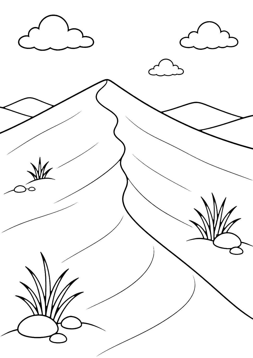 Coloriage avec un paysage désertique avec crête de dune de sable, des contours nets, de larges pentes de sable, des crêtes de dunes courbes, des rochers, quelques plantes, du ciel et des détails naturels simples. Idéal pour enfants, thèmes de désert, impression et coloriage en ligne.