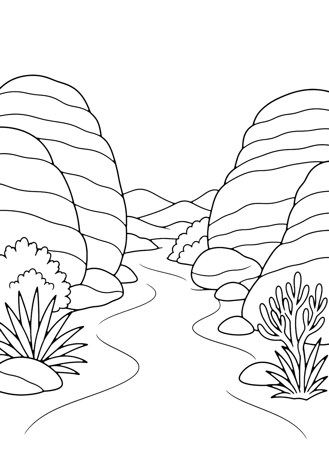 sandstone boulder trail coloring page with a wide sandy trail passing between several large rounded sandstone boulders, with simple curved layer lines, a few low desert plants, distant low hills, and wide open sky for kids