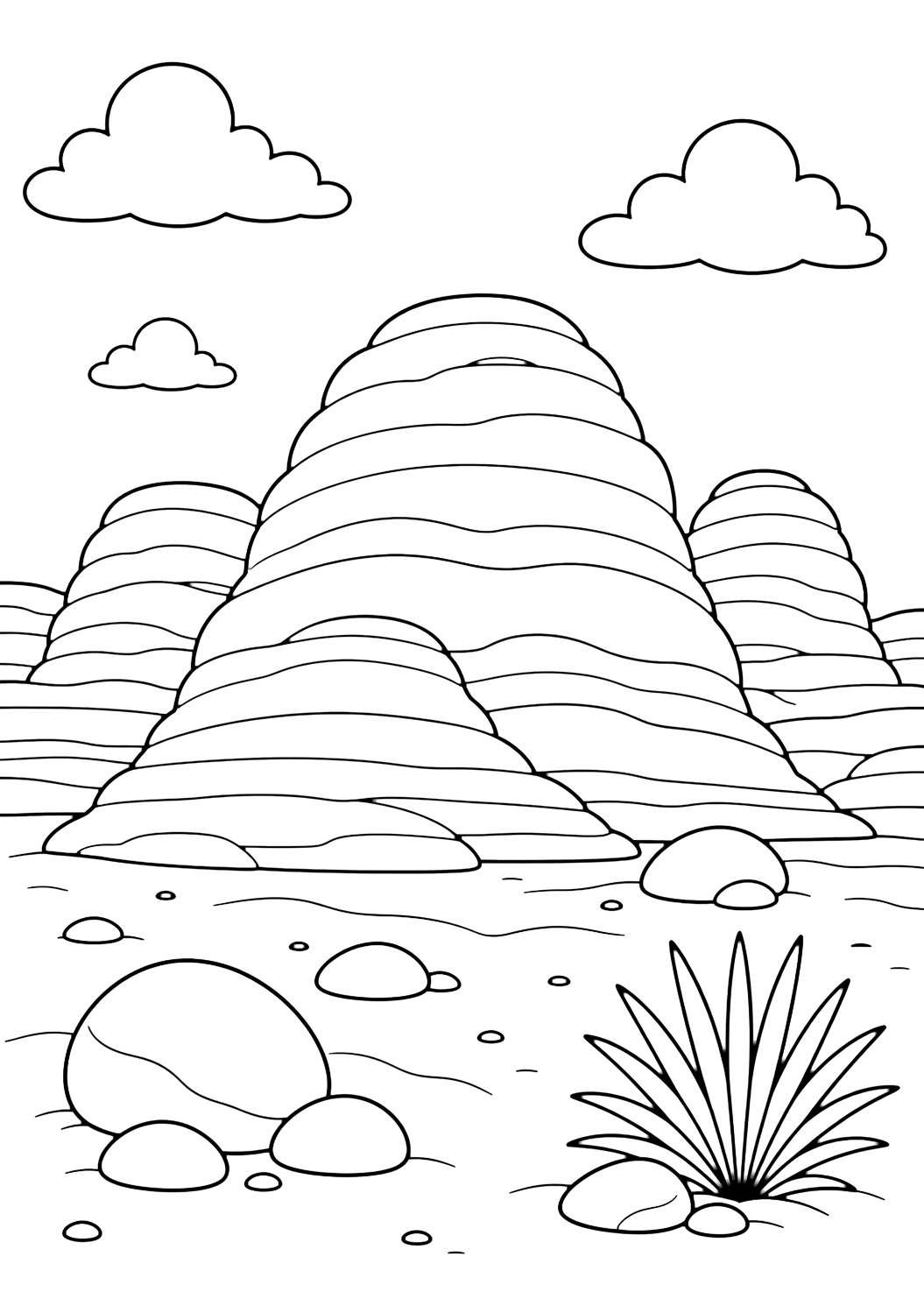 sandstone domes coloring page with several smooth red sandstone domes with gentle curved layer lines, broad sandy foreground, large smooth rocks, one small yucca plant, distant low rock shelves, and wide open sky for kids
