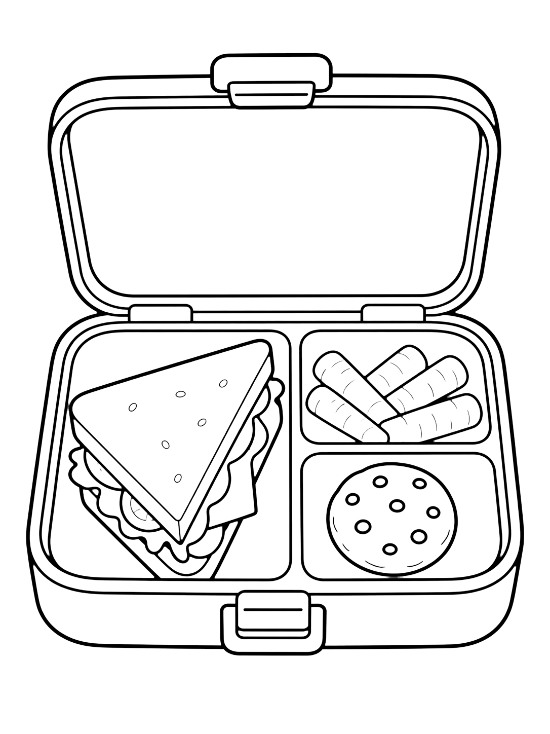 Coloriage avec le motif « boîte repas avec sandwich » avec une grande boîte repas, de larges formes et beaucoup d'espace. Idéal pour enfants, rentrée scolaire, impression et coloriage en ligne.