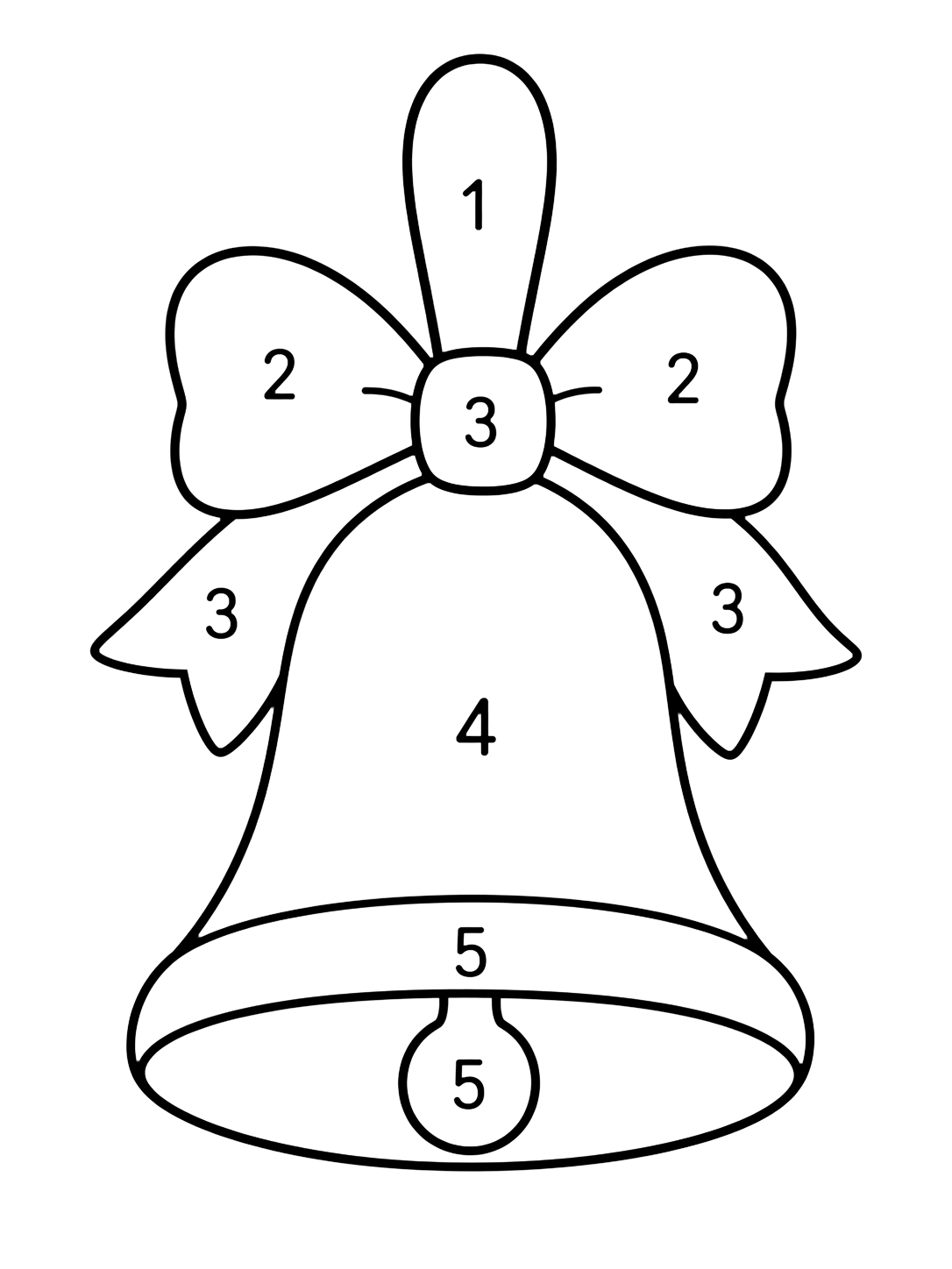 Disegno da colorare con una semplice campanella scolastica con fiocco e grandi zone numerate da 1 a 5. Adatto a bambini, scuola, stampa e colorazione online.