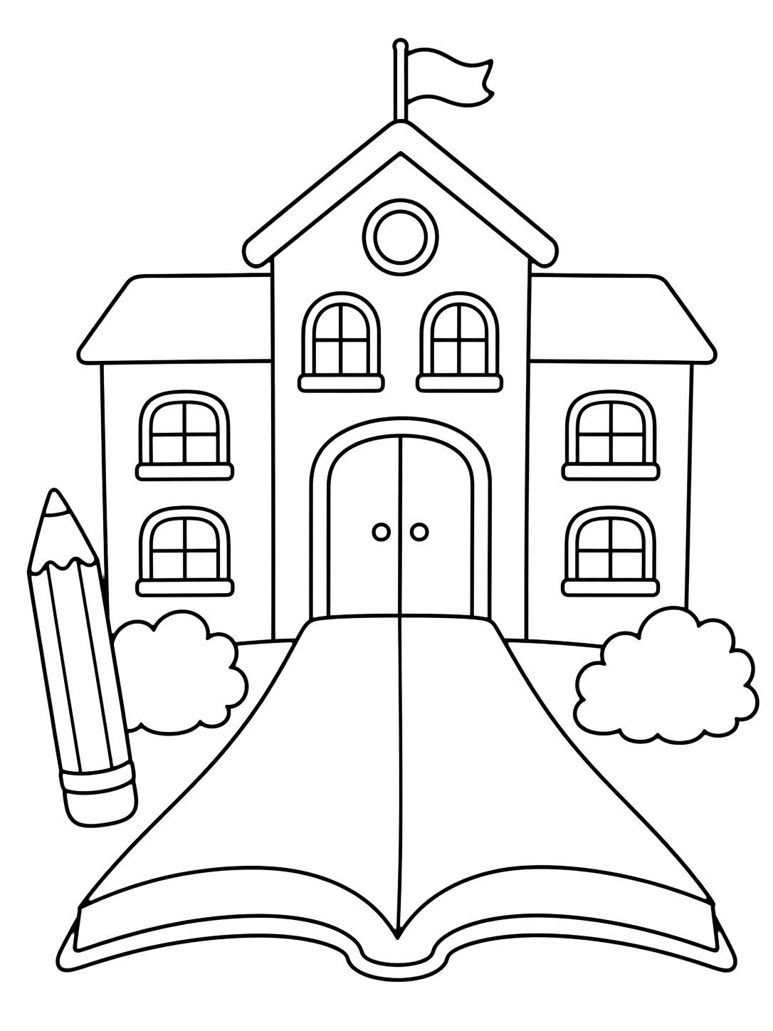 school building with book path coloring page with a school building with a wide open-book path leading to the doors, one large pencil, two simple bushes, and a plain flag for kids