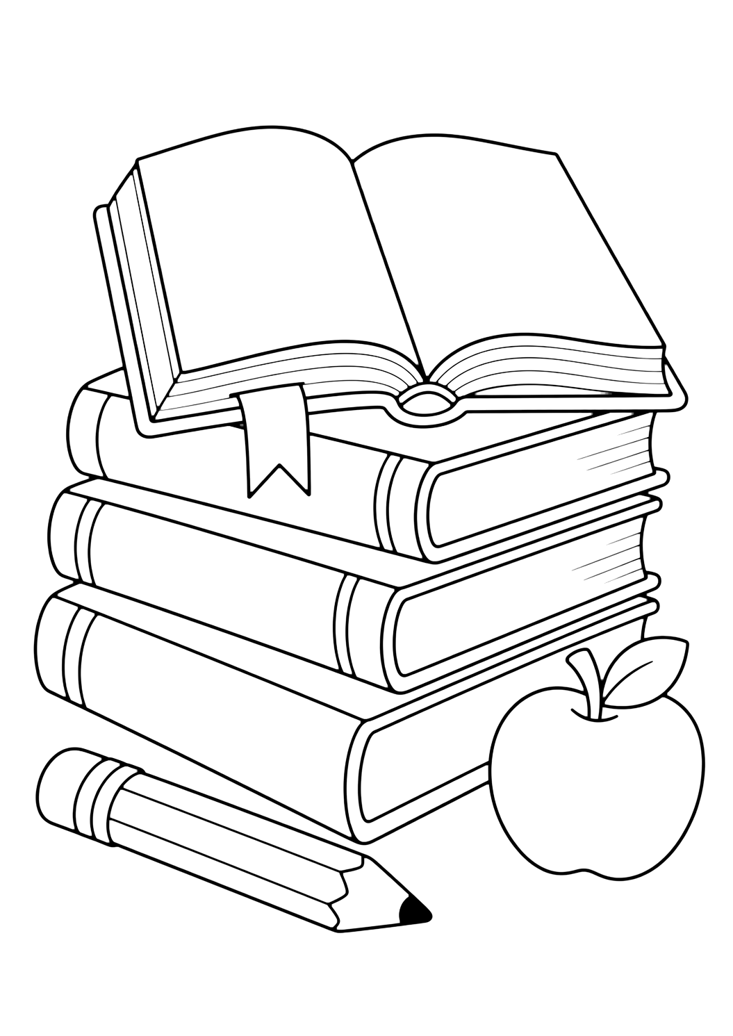 Картинка за оцветяване с подредена купчина училищни книги с празни корици, отворена книга, лента за отбелязване, молив и малка ябълка. Подходяща за деца, училищни занимания, принтиране и онлайн оцветяване.