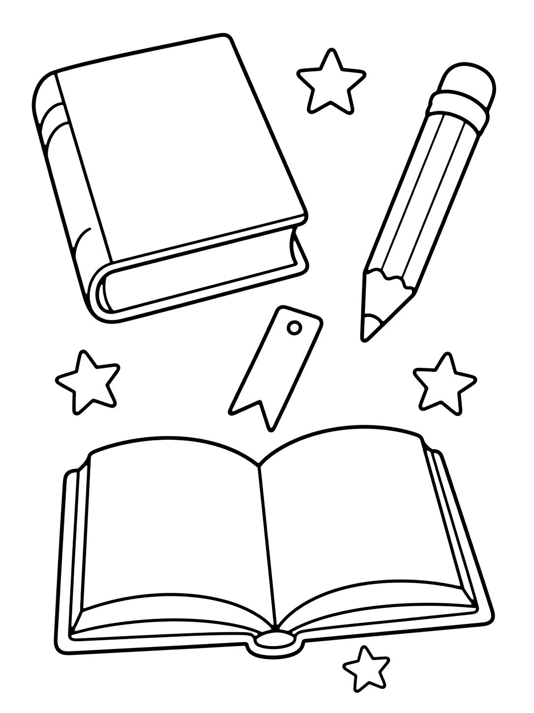 Картинка за оцветяване с мотива „учебници в doodle стил“ с едри doodle елементи, празни листове и малко училищни детайли. Подходяща за деца, училищни занимания, принтиране и онлайн оцветяване.
