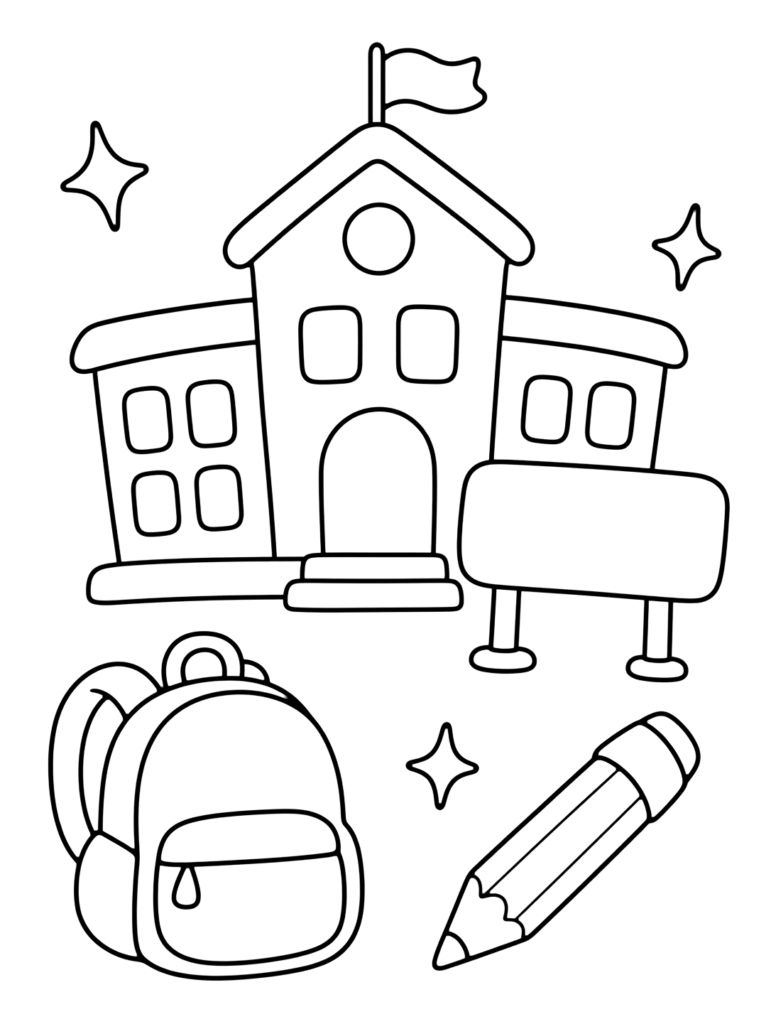 school building doodle coloring page with a playful doodle school building with loose rounded outlines, a blank sign, one backpack, one pencil, and three simple sparkles for kids