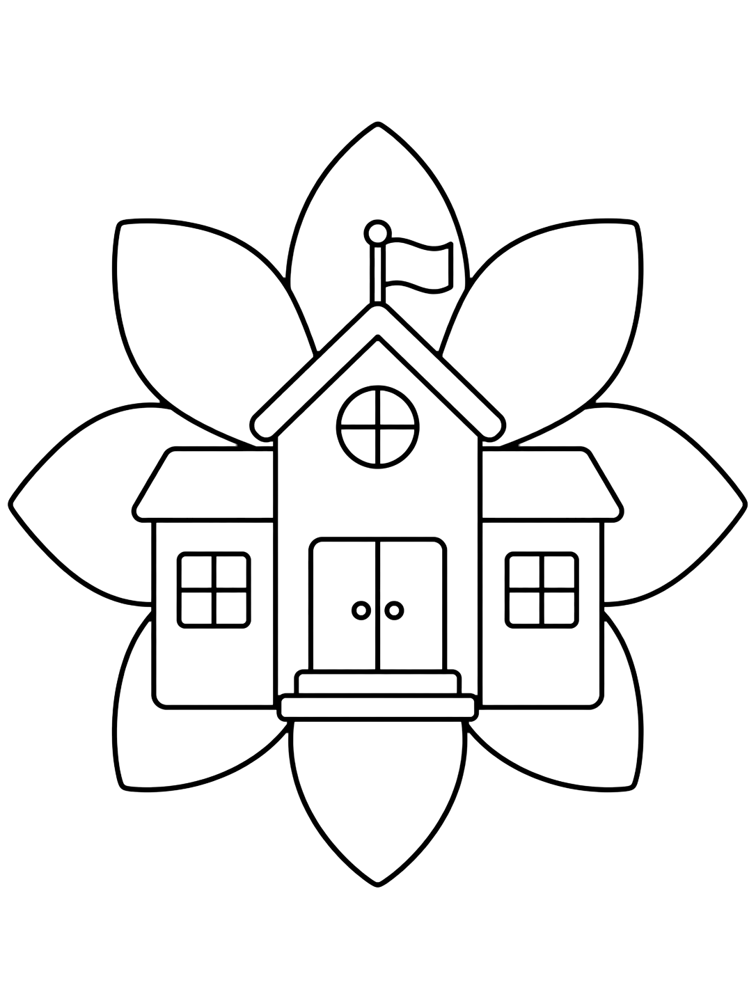 school building mandala coloring page with a cute school building in the center with a simple sunburst mandala behind it, made from broad petals and large open spaces for kids