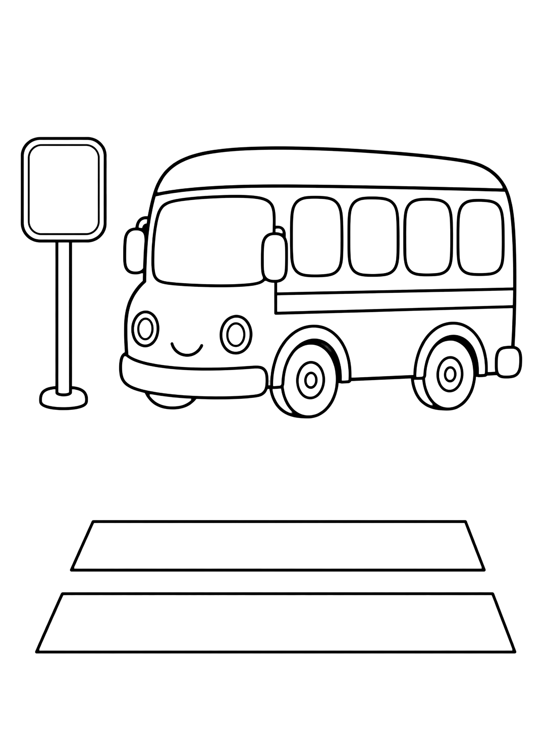 A simple school bus coloring page with a stationary school bus placed above a separate simple crosswalk, with a clear white gap between the wheels and the crosswalk stripes. Great for kids, printables, and online coloring.