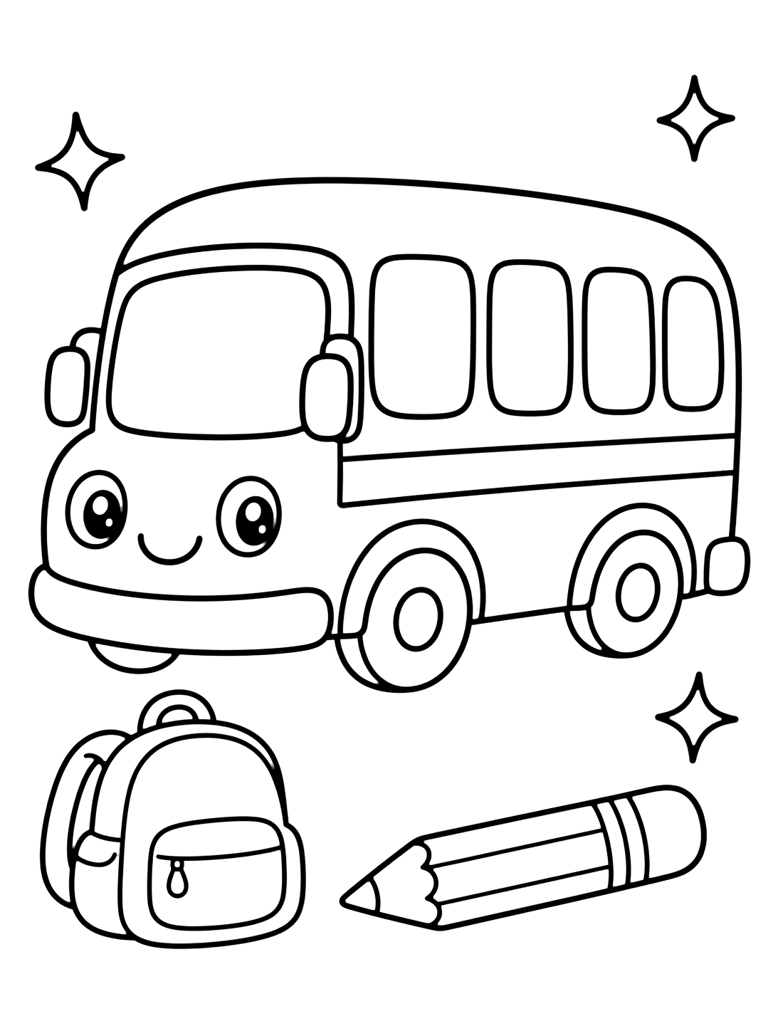 Картинка за оцветяване с игрив doodle училищен автобус със закръглени линии, малка раница, молив и три прости искри. Подходяща за деца, училищни занимания, принтиране и онлайн оцветяване.