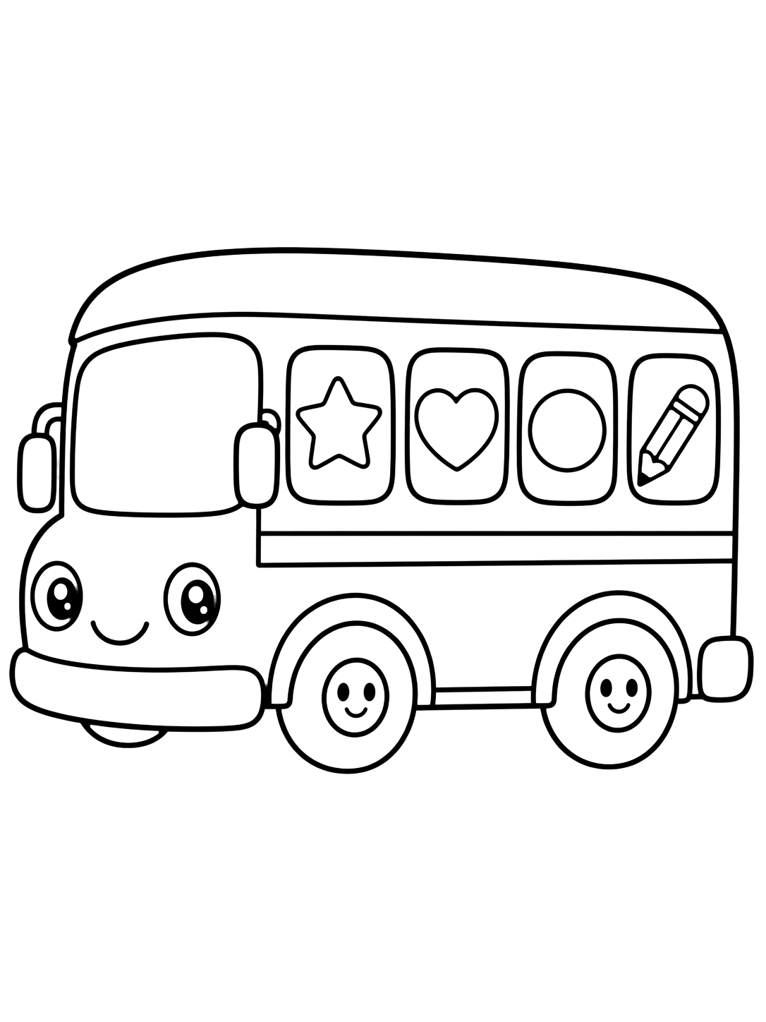 Картинка за оцветяване с симпатичен училищен автобус с прости doodle форми в прозорците: звезда, сърце, кръг и молив. Подходяща за деца, училищни занимания, принтиране и онлайн оцветяване.