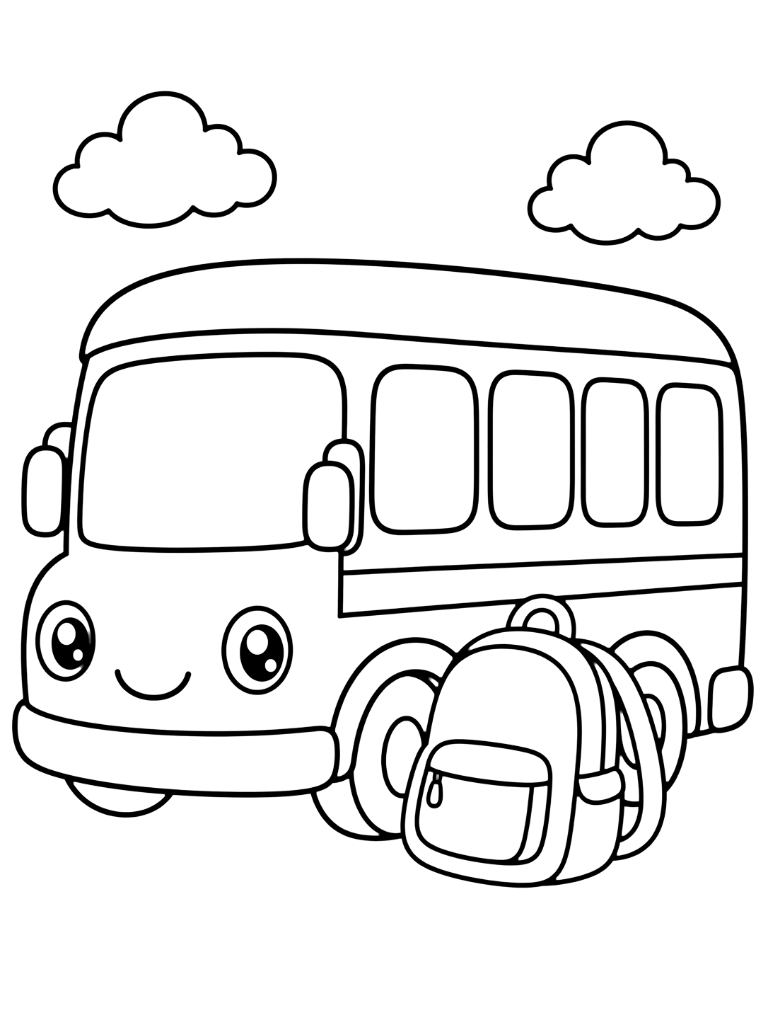 Ausmalbild mit einen freundlichen Schulbus mit großem Rucksack am Vorderrad und zwei kleinen Wolken darüber. Geeignet für Kinder, Schulstart, Ausdrucke und Online-Ausmalen.