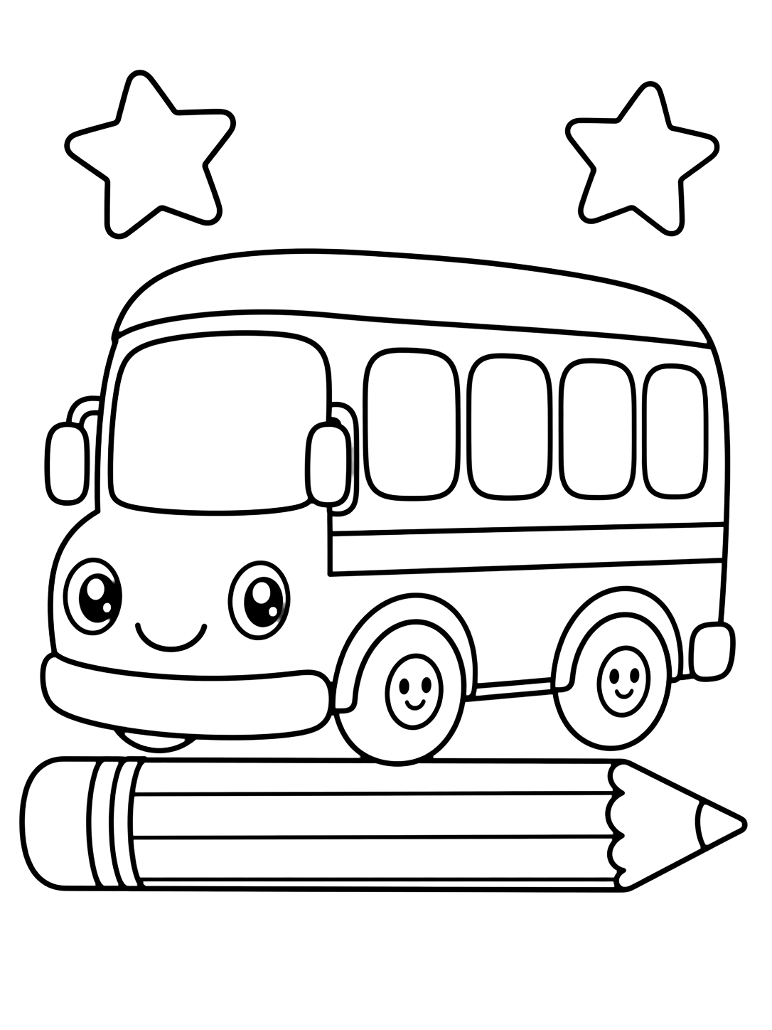 Dibujo para colorear con un autobús escolar con un lápiz grande debajo como camino simple y dos estrellitas en el espacio blanco. Ideal para niños, actividades escolares, impresión y coloreado online.