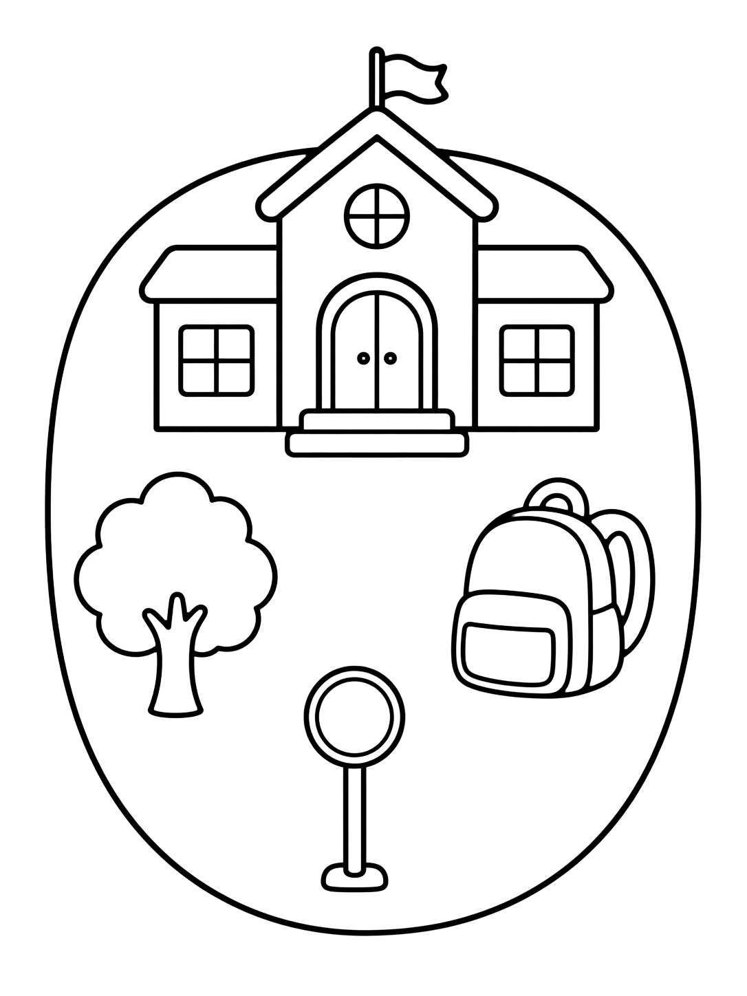 school campus doodle coloring page with a centered school building inside a large closed oval path, with one rounded tree, one backpack, and one blank bus stop sign for kids